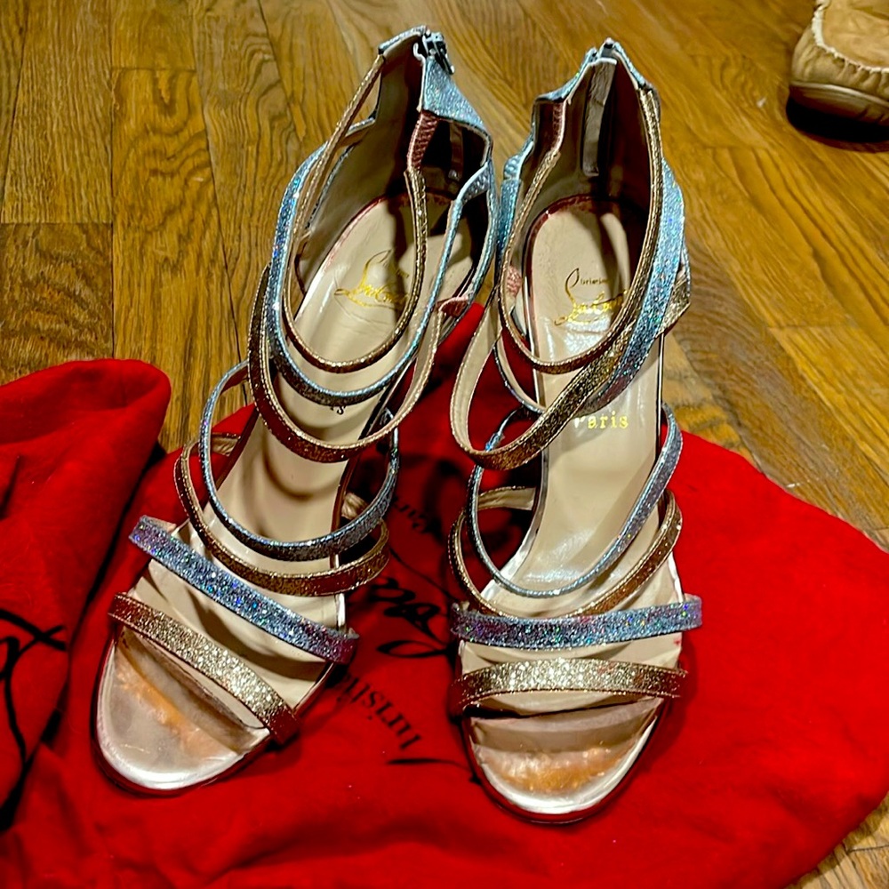 Louboutin strappy glitter silver and gold pumps